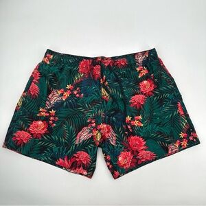H&M Swim Shorts Mens US Sz XL Drawstring Elastic Waist Mesh Lining Green Floral